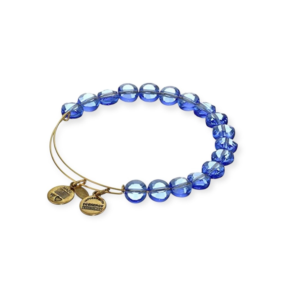 Alex and Ani 𖦹 Sapphire Glass Beaded Expandable Wire Bracelet Bangle 𖦹 Gold 𖦹